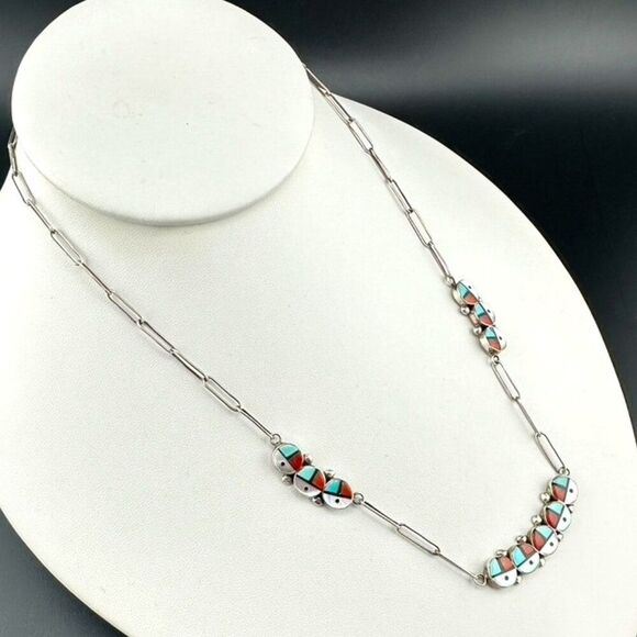Vintage Zuni Sunface Sterling Silver Turquoise Inlay Sun Face Necklace - Picture 3 of 8
